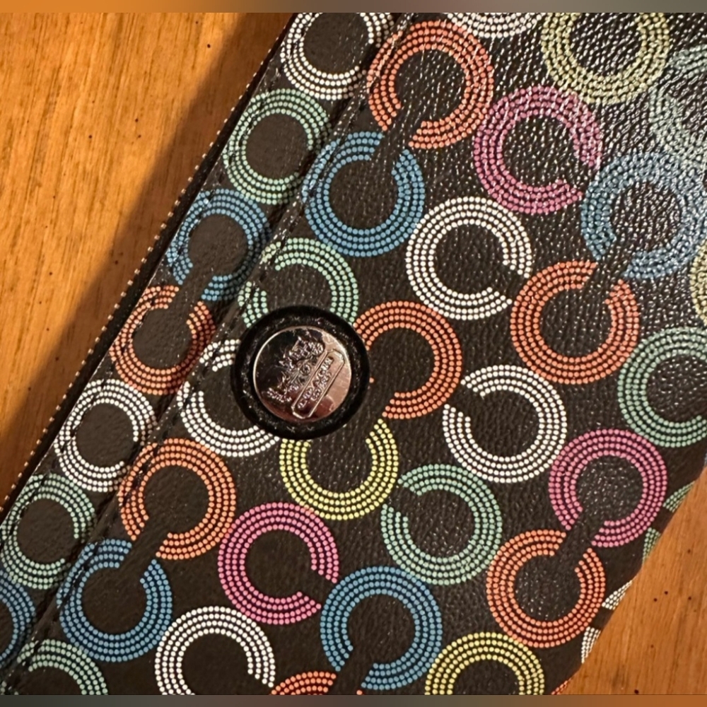 Coach Waverly Black Continental Zip Wallet with Multicolor Signature Rings - Picture 3 of 14